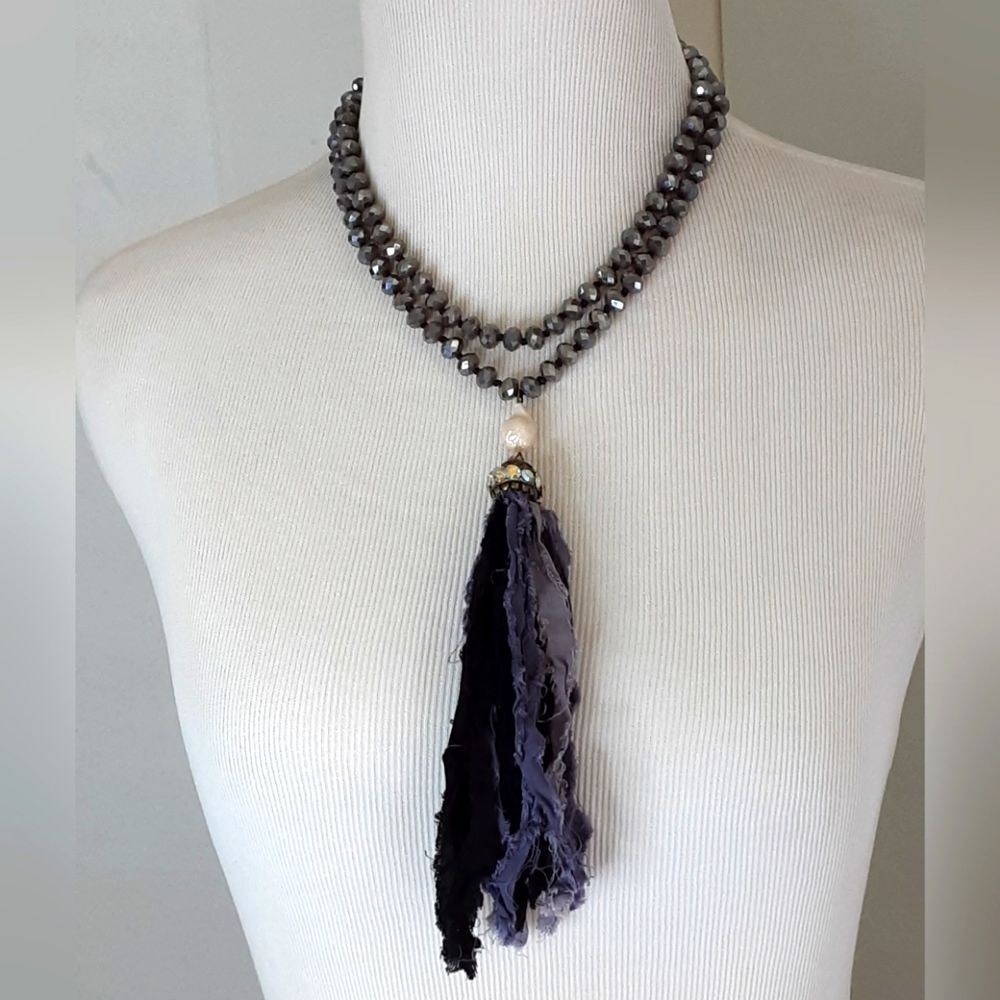 Faucet Crystal Rondelle Baroque Pearl AB Crystal Fabric Tassel Long Necklace 48"
